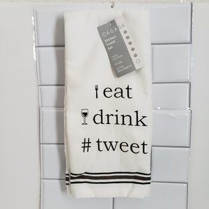 Casaba 18"x28" Kitchen Towel Set of 2 Black White eat drink tweet Cotton NWT